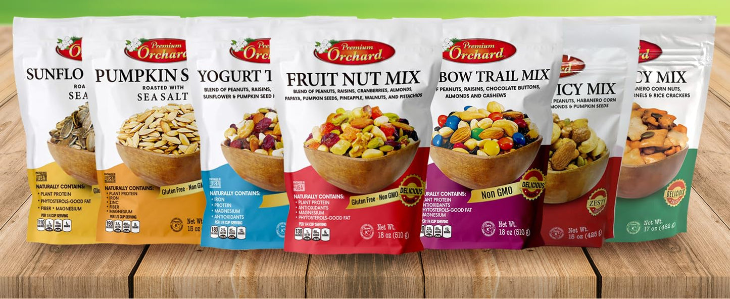 MIXED NUTS Rainbow Trail Mix by Premium Orchard - Healthy Trail Mix Variety Pack Peanuts Raisins Cashews Almonds Chocolate Buttons Heart Healthy