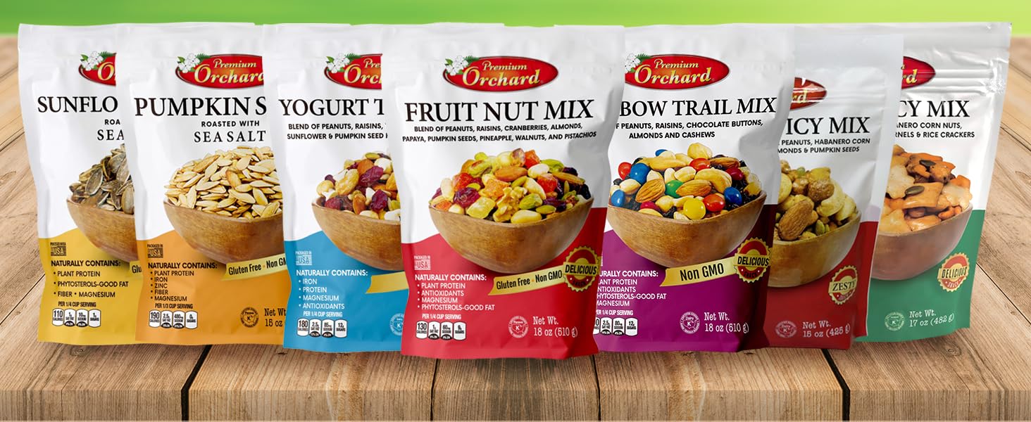 MIXED NUTS Rainbow Trail Mix by Premium Orchard - Healthy Trail Mix Variety Pack Peanuts Raisins Cashews Almonds Chocolate Buttons Heart Healthy