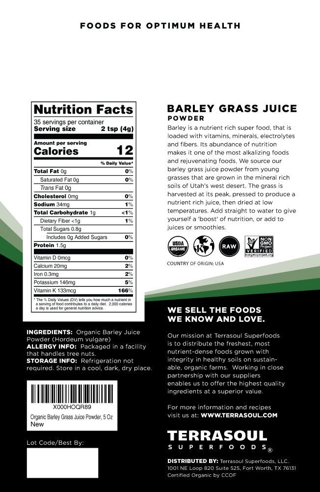 Terrasoul Superfoods Organic Barley Grass Juice Powder, 10 Oz - USA Grown | Made From Concentrated Juice | Superior to Barley Grass