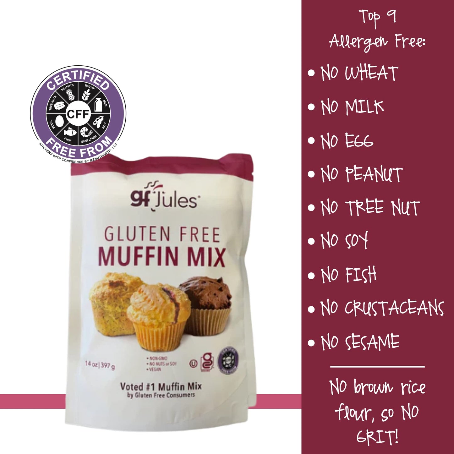 gfJules Certified Gluten Free Muffin Baking Mix | No Grit, Non-GMO, Vegan | Certified Top 9 Allergen-Free & Kosher | Makes 15 Muffins | 14 Ounces