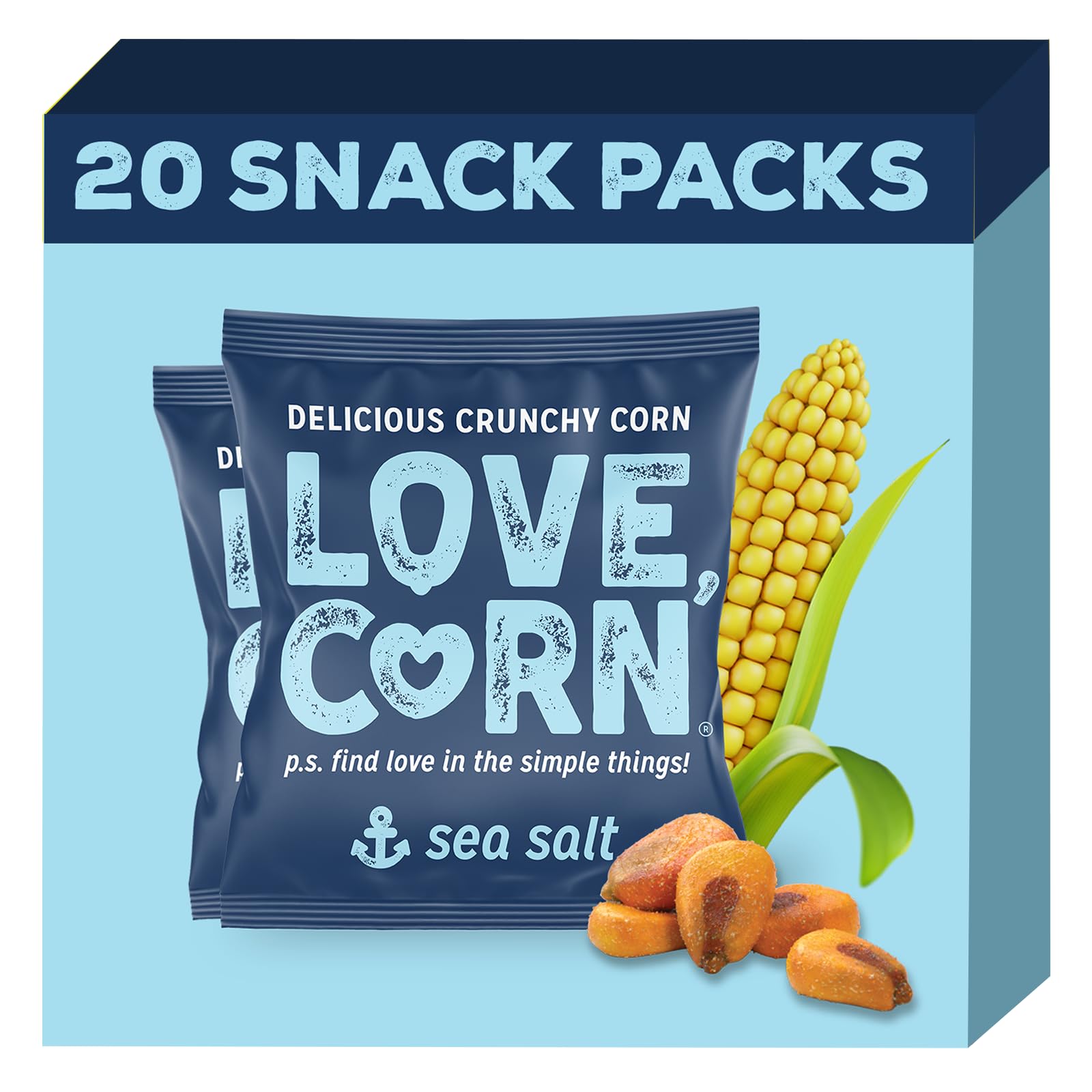 LOVE CORN Sea Salt - Crunchy Roasted Corn Snack, 3 Simple Ingredients, Gluten Free, Non-GMO, Vegan - Alternative to Chips, Nuts & Crackers - Lunchbox