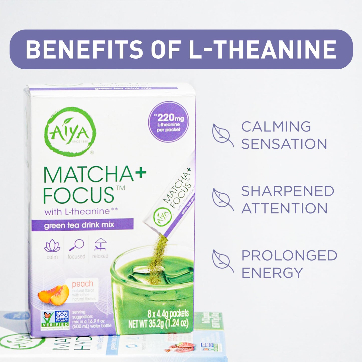Aiya Matcha+ Focus™ - Peach Flavored Matcha Drink Mix with L-Theanine - 220mg L-Theanine - Natural Focus Booster - Premium Japanese Matcha Green Tea