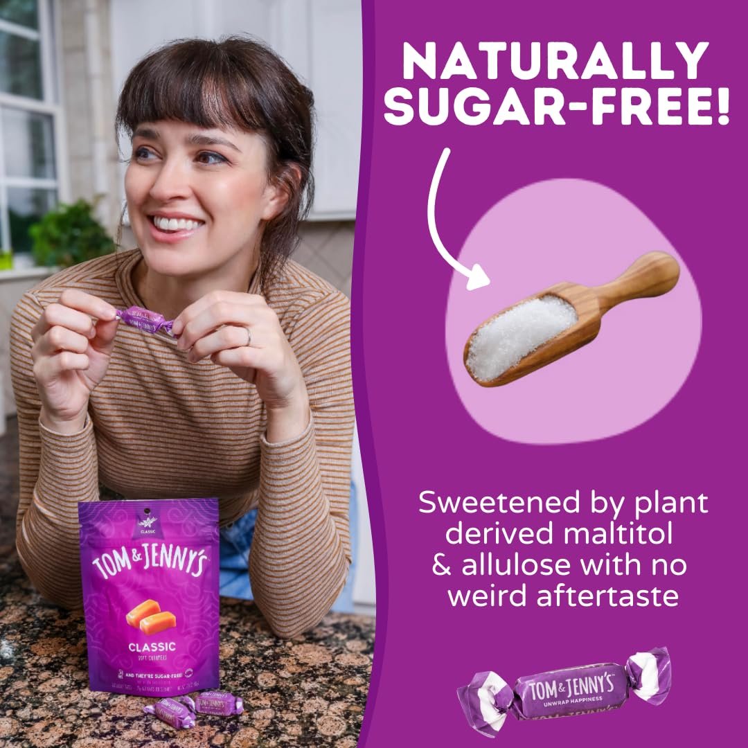 Tom & Jenny's Sugar Free Caramel - Individually Wrapped Sugar Free Candy - Zero Sugar Keto Caramels (Sea Salt & Vanilla Classic Chewy Caramel)