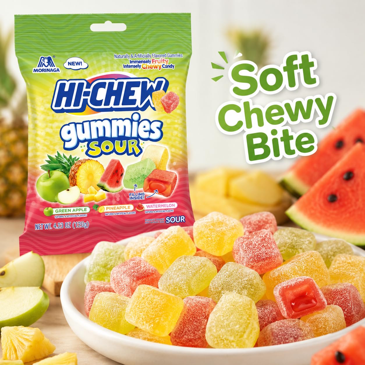 Hi-Chews Gummy Candy, 9 Bags, Soft Chew Fruit Candy for Snacking and Sharing, Green Apple Pineapple Watermelon Flavors, Gluten Free Sweet and Sour
