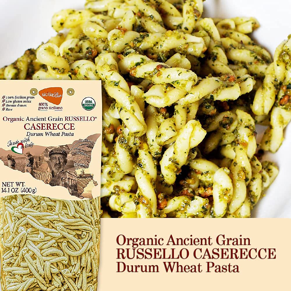 6 PACKS ORGANIC ITALIAN SEMI WHOLE DURUM WHEAT CASERECCE PASTA - Sicilian Ancient Grain Russello Vegan Pasta Crafted in Italy. LOW-GLUTEN INDEX. Has