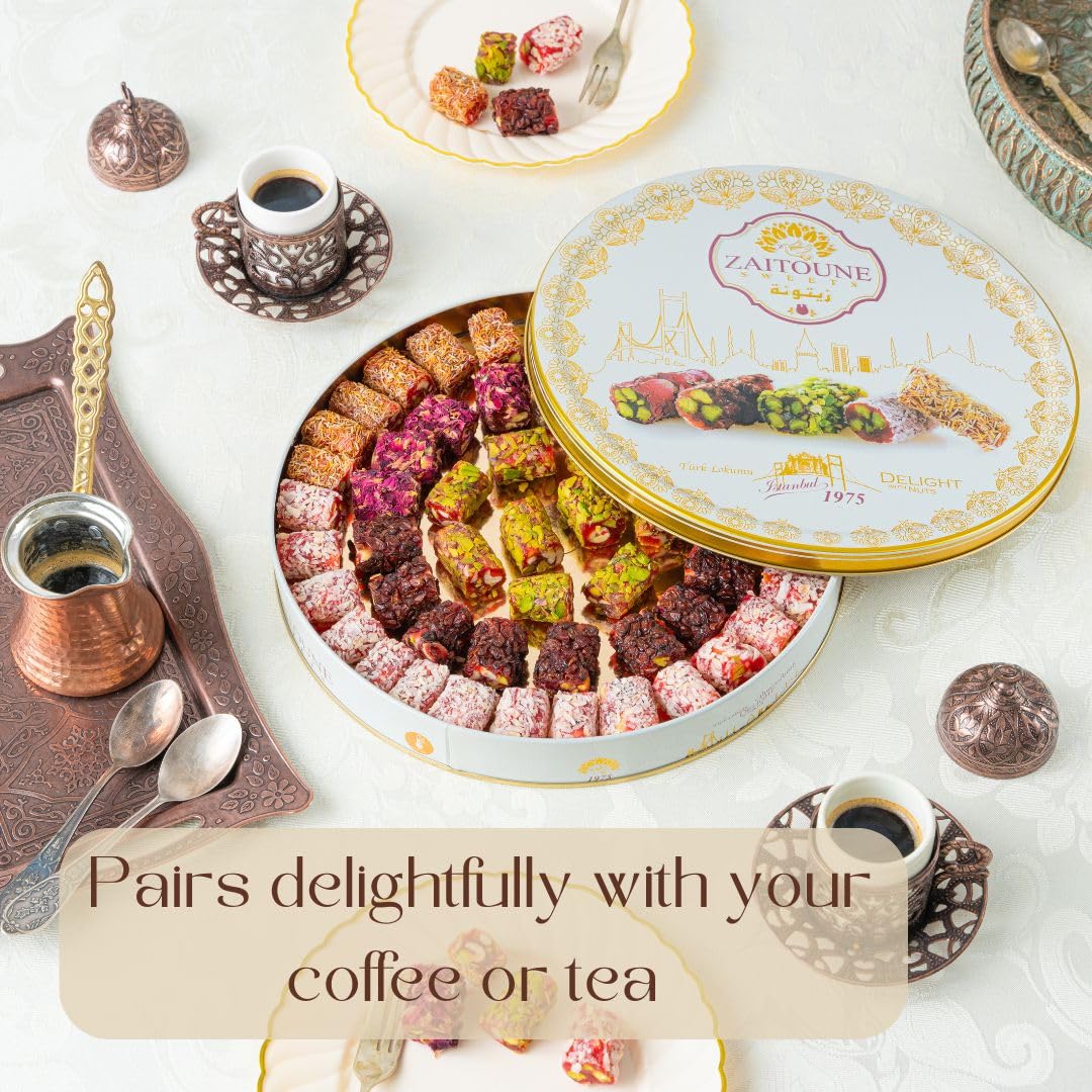 Zaitoune Turkish Delight Mix - 22 oz | Luxury Coatings of Pomegranate, Pistachio, Coconut, Kataifi & Rose | Authentic Lokum Sweet Assortment in a