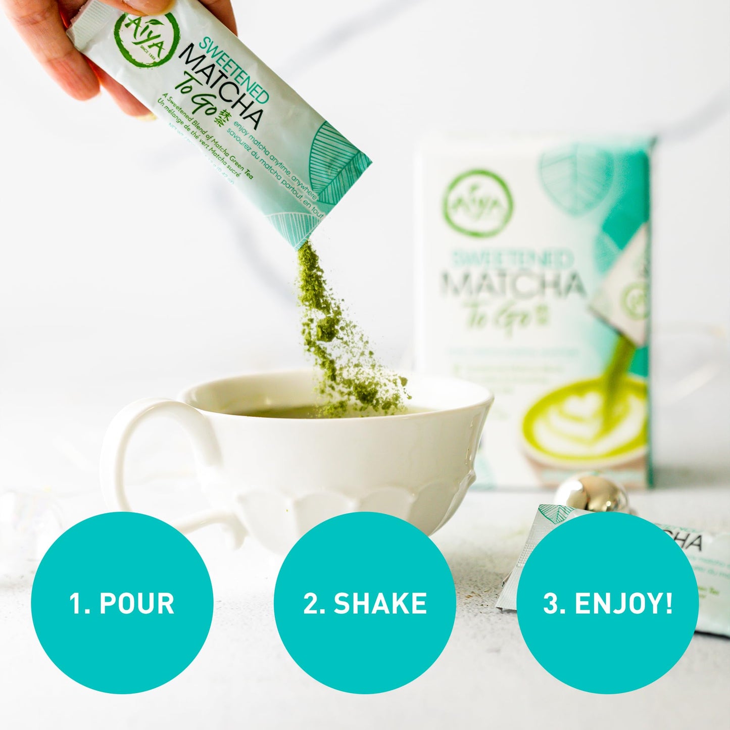 Aiya Japanese Sweetened Matcha Powder to Go Sticks - Ceremonial Grade, Vegan-Friendly, Gluten-Free - 8 Individually Packed Single-Serving Sticks