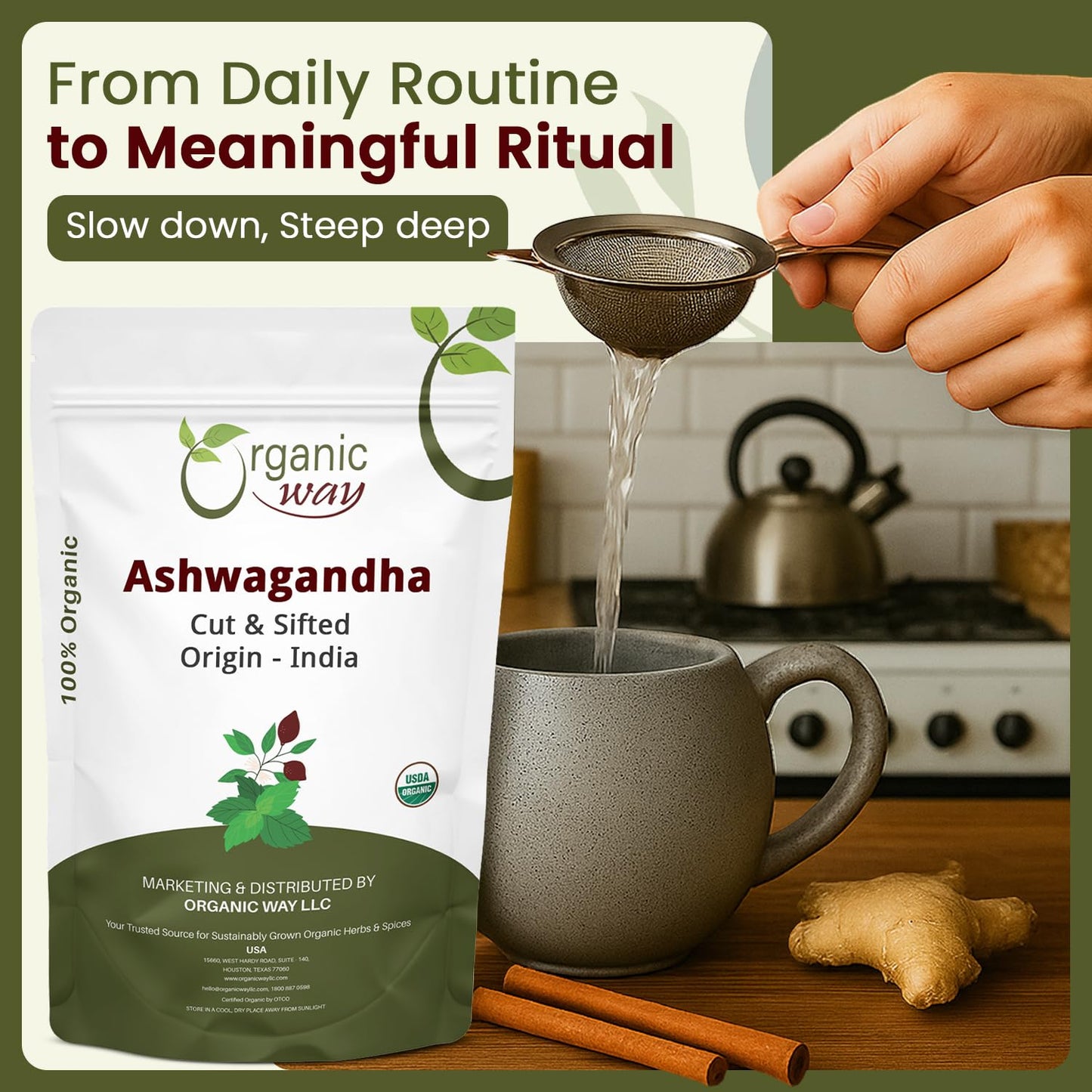 Organic Way Ashwagandha Root Cut & Sifted (Withania somnifera) - Organic & Kosher Certified | Vegan, Non GMO & Gluten Free | USDA Certified | Origin