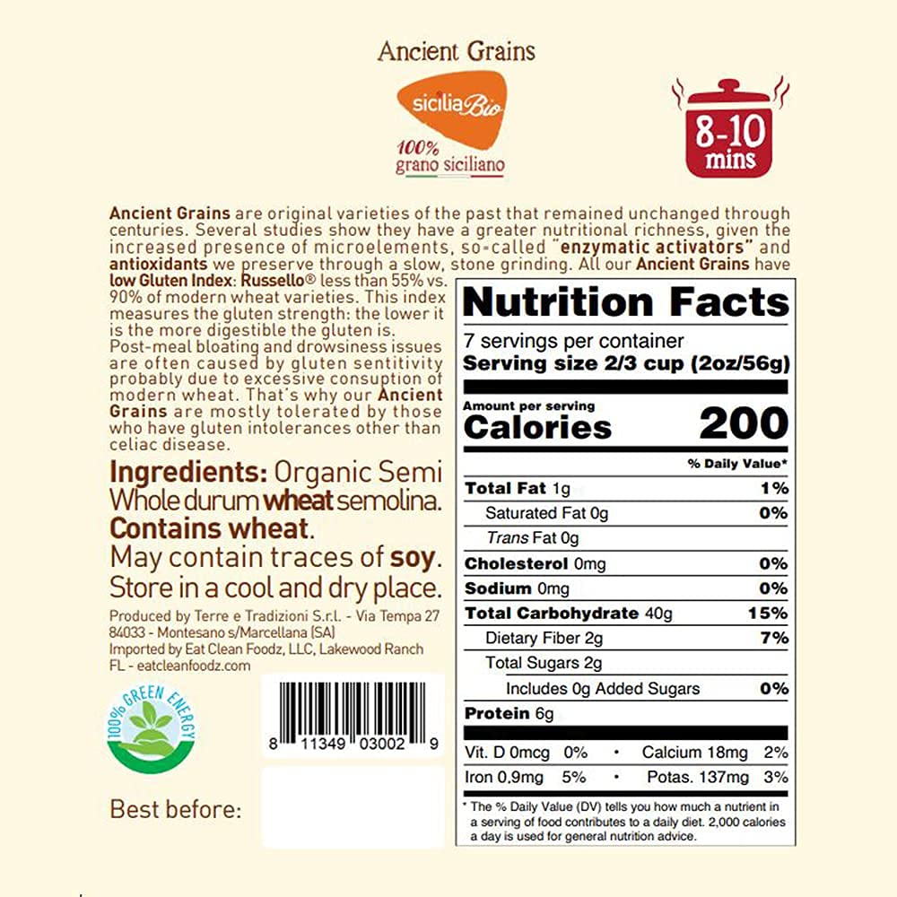 6 PACKS ORGANIC ITALIAN SEMI WHOLE DURUM WHEAT CASERECCE PASTA - Sicilian Ancient Grain Russello Vegan Pasta Crafted in Italy. LOW-GLUTEN INDEX. Has