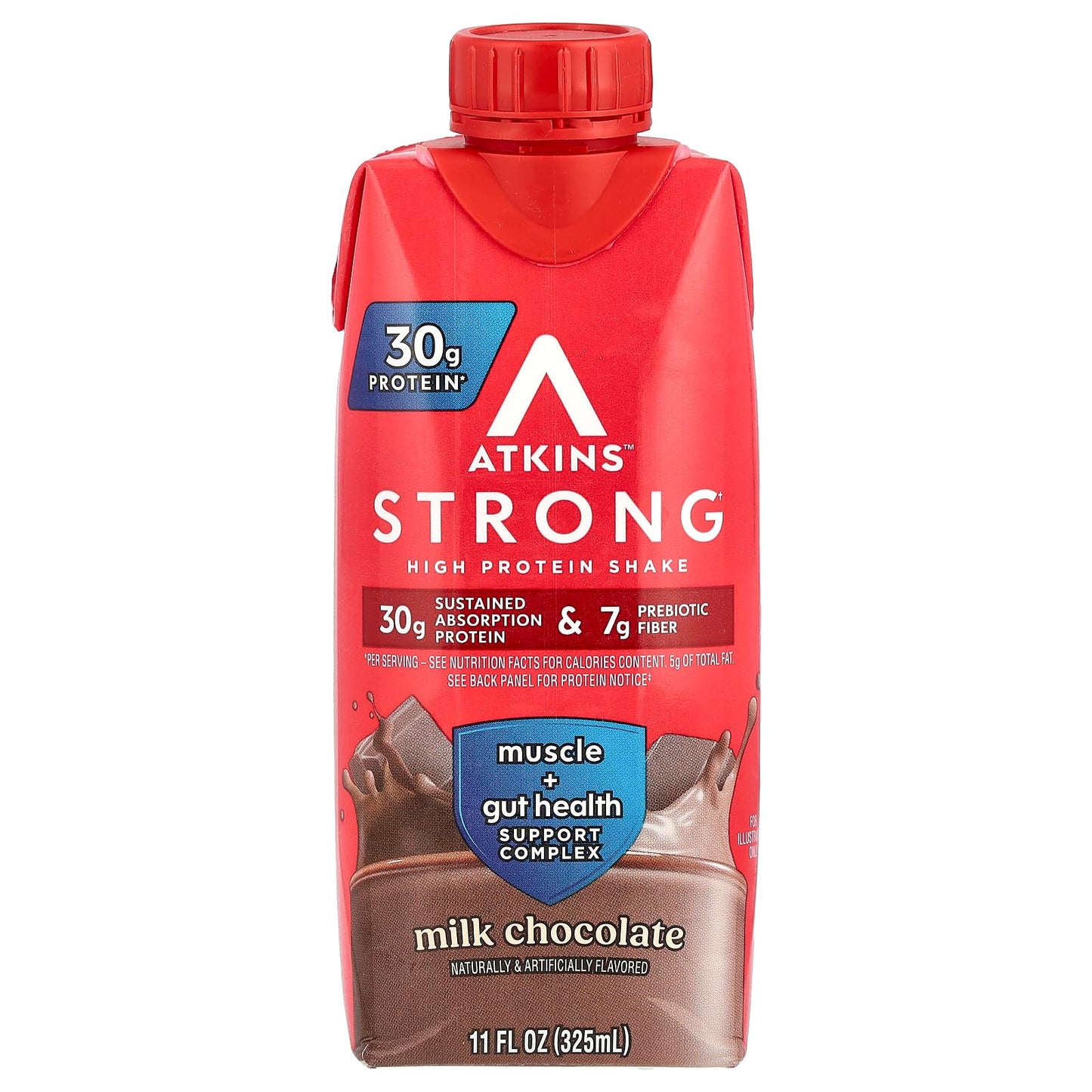 Atkins Strong High Protein Shake, Milk Chocolate, 30g Protein, 7g Prebiotic Fiber, Muscle & Gut Health Support Complex, 4 Count