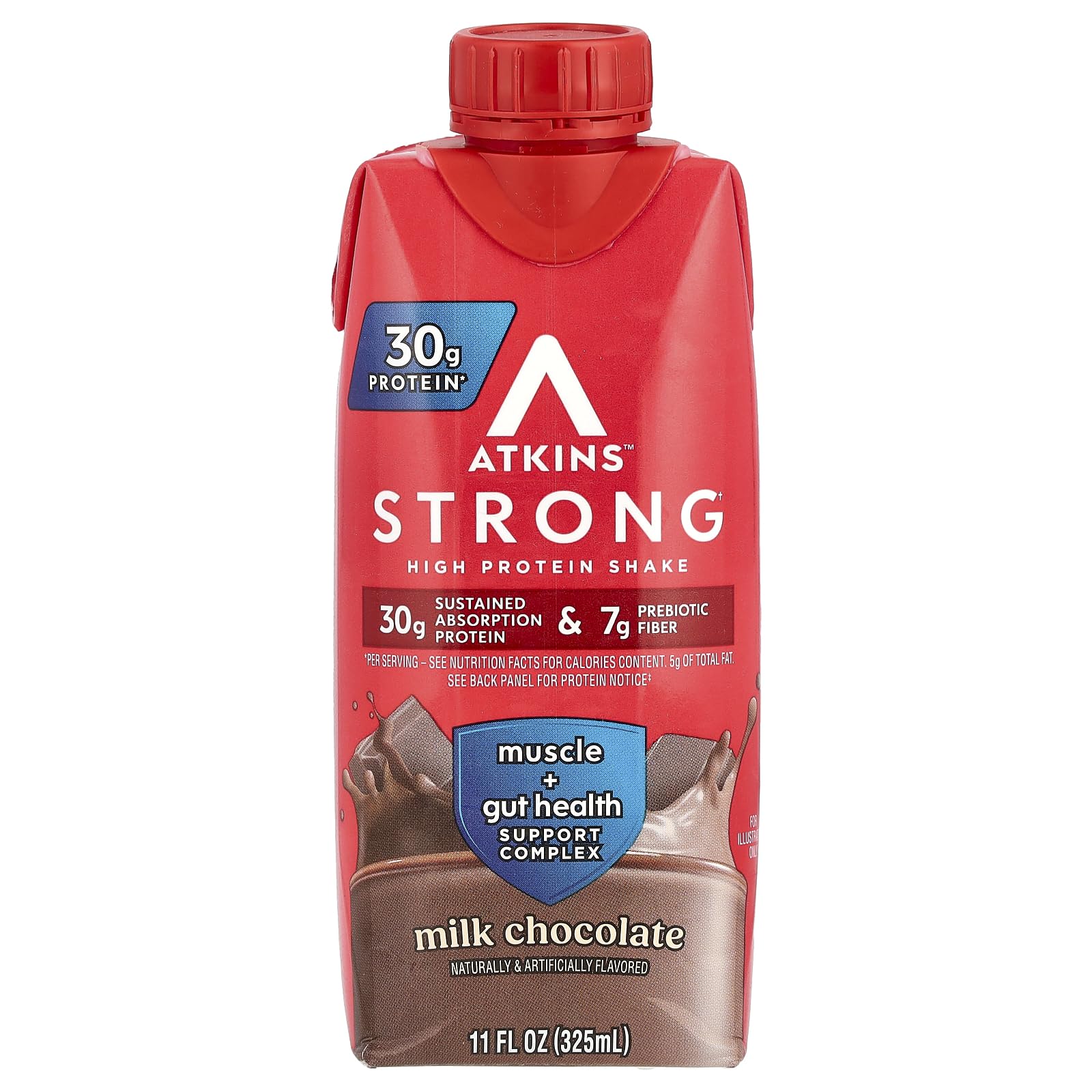Atkins Strong High Protein Shake, Milk Chocolate, 30g Protein, 7g Prebiotic Fiber, Muscle & Gut Health Support Complex, 4 Count