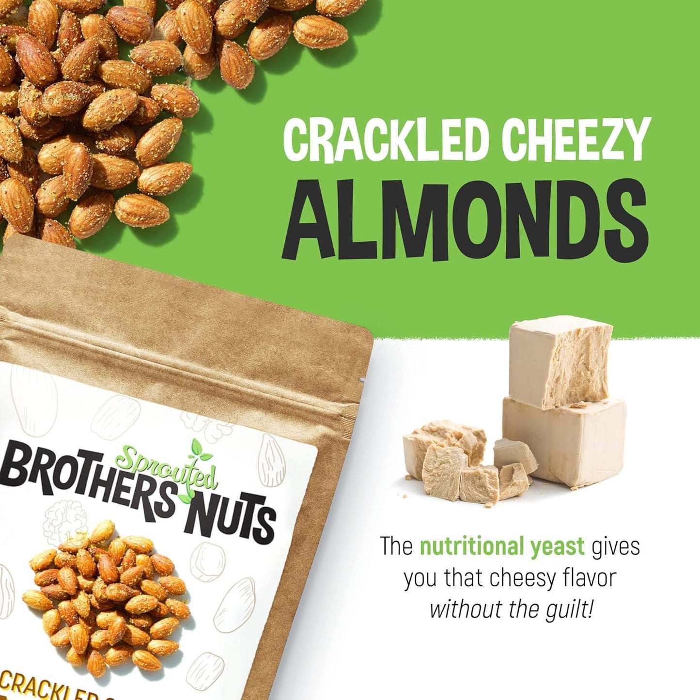 Brothers Nuts Crackled Cheezy Almonds - Organic, Sprouted Almonds - Healthy Keto Snack - Vegan, Gluten-Free, Kosher - No Preservatives - 6 oz