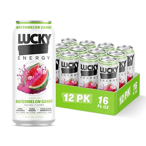 Lucky Energy Sugar Free Energy Drinks, Watermelon Candy, 16oz Cans (12-Pack) Healthy, Zero Sugar Energy Drink with Maca, Ginseng, Beta-Alanine