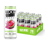 Lucky Energy Sugar Free Energy Drinks, Watermelon Candy, 16oz Cans (12-Pack) Healthy, Zero Sugar Energy Drink with Maca, Ginseng, Beta-Alanine