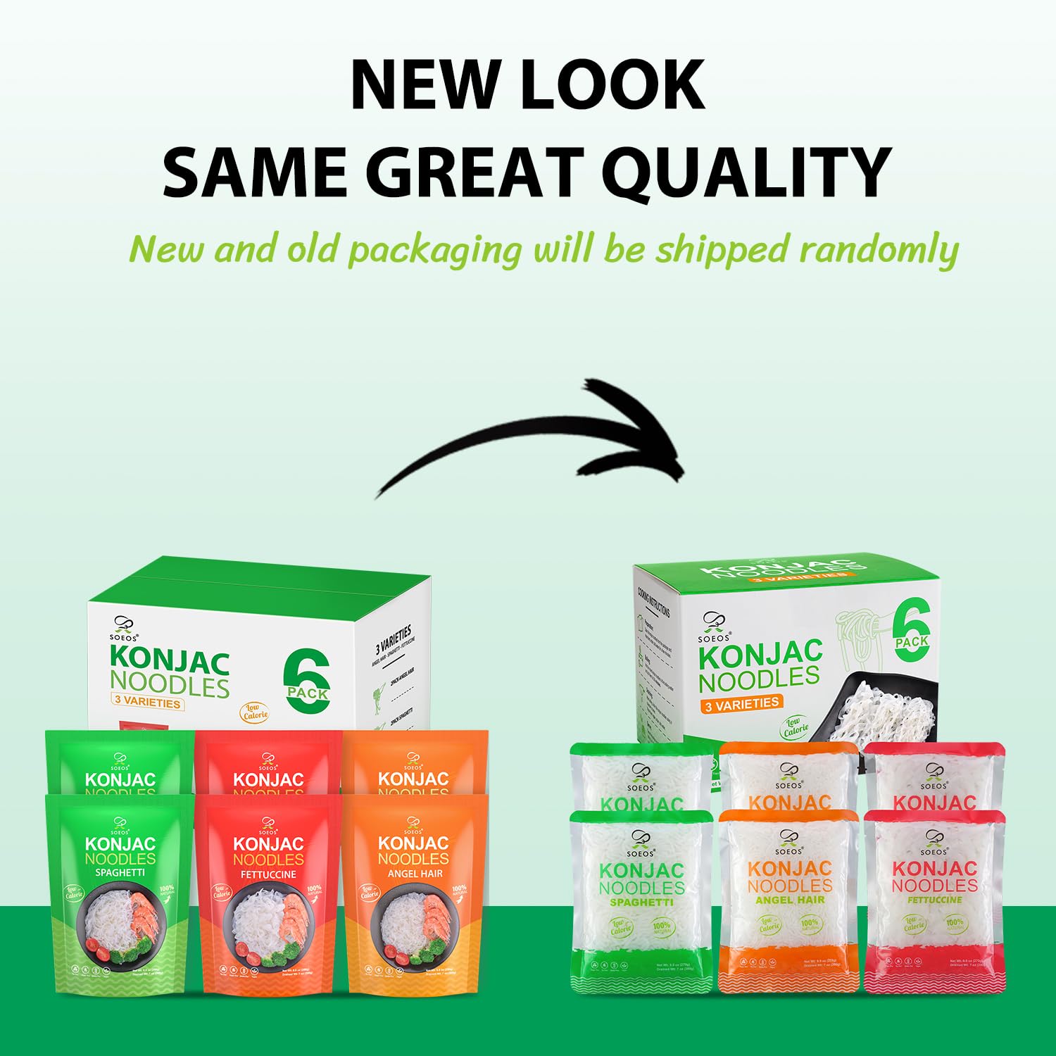 Soeos Konjac Noodles, Shirataki Noodle, 9.5 oz (270g)*6 Packs, Low Calorie, Low Carb, Keto and Paleo Friendly, 3 Variety Noodles, Fettuccine, Angel