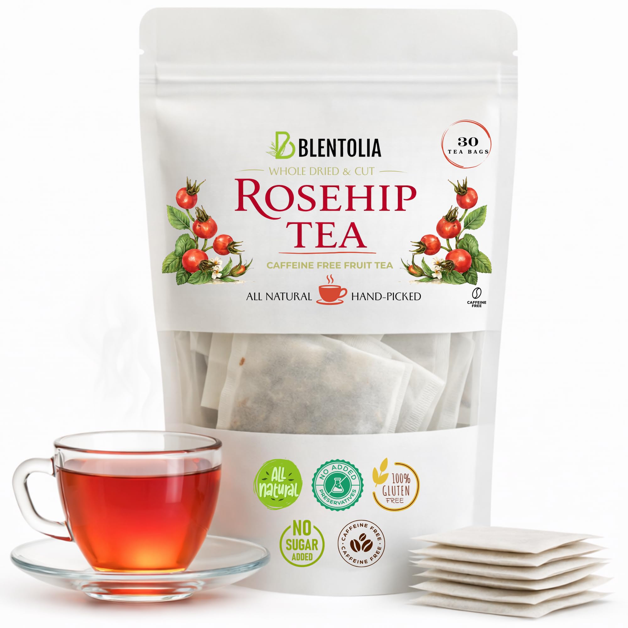 Blentolia Rosehip Tea - Whole Dried Rosehip in Tea Bags - Rich in Vitamin C & Antioxidants - Immune Support Herbal Tea - 30 Tea Bags