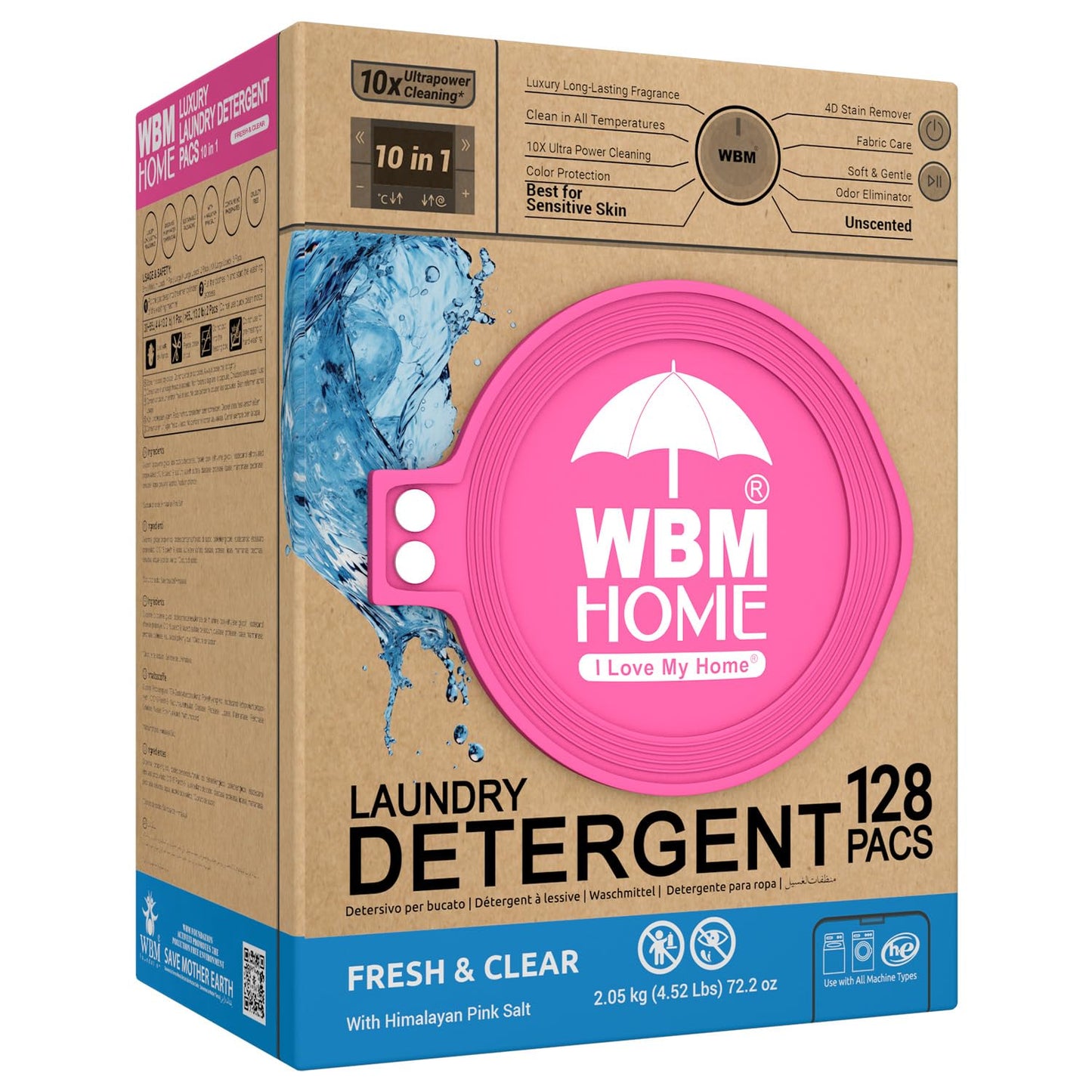 WBM Laundry Detergent Pods, 128 Count | Fresh & Clear Unscented | Laundry Pods 10x Ultrapower Cleaning With Color Protection and Eco-Friendly