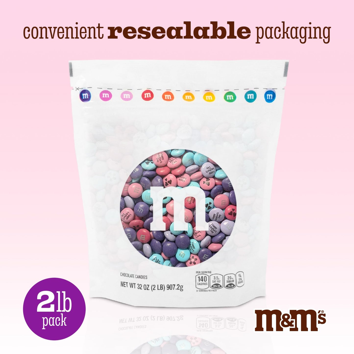 M&M’S WORLD Mother's Day Milk Chocolate Candy - 2lbs of Bulk Chocolate Candies in a Resealable Pack, For Mother's Day Celebrations