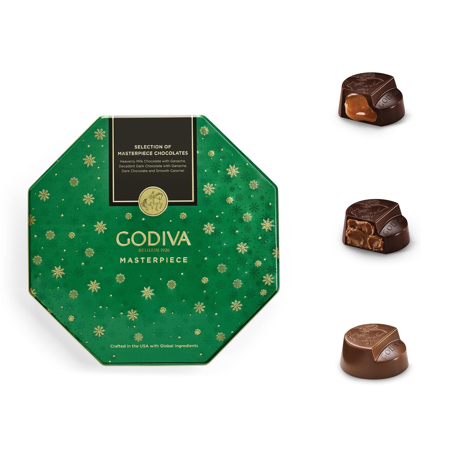 Godiva Holiday Masterpiece Gift Tin, Assorted Milk & Dark Chocolates with Ganache and Caramel, Gourmet Christmas Gift, Kosher & Halal, 50 Pc, 1.5 lbs