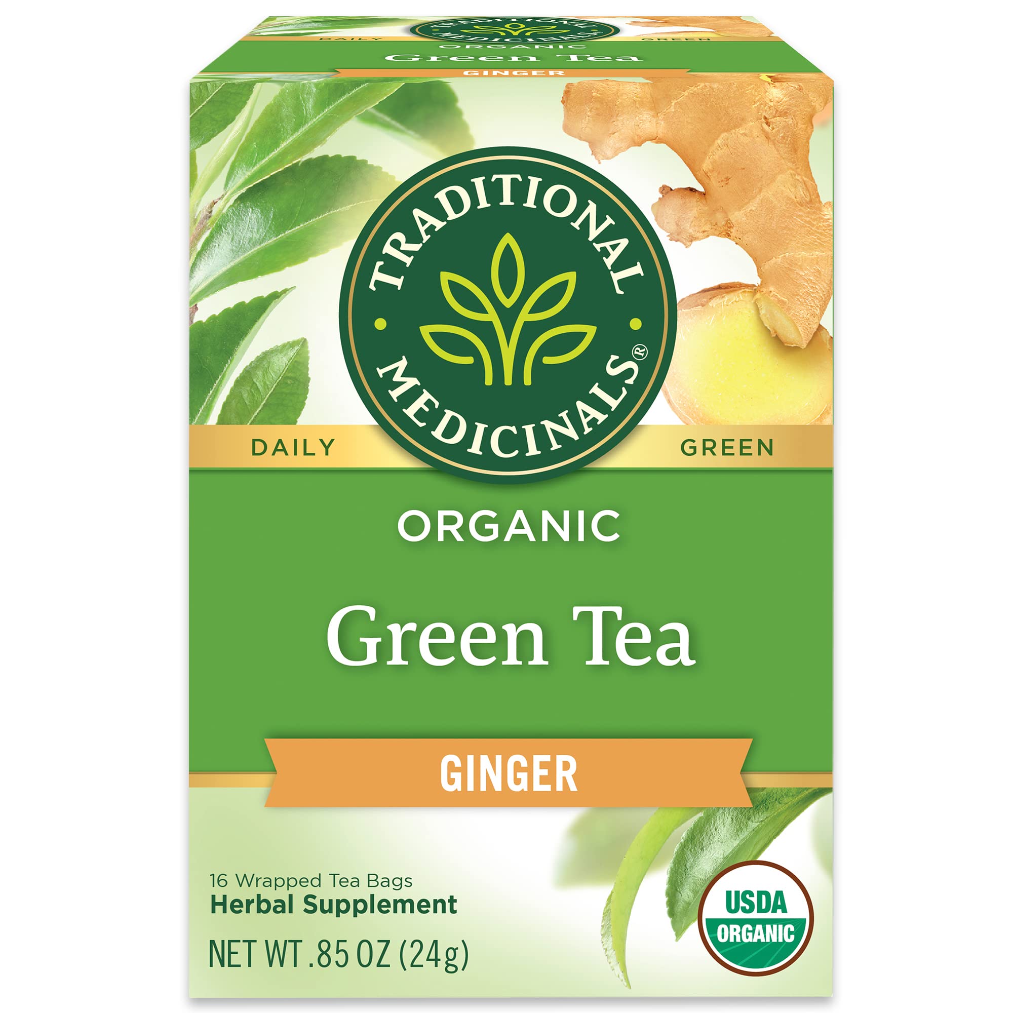 Traditional Medicinals Tea, Organic Green Tea Ginger - Promotes Healthy Digestion, Occasional Nausea & Indigestion Relief - Kosher, Non-GMO - 16 Tea