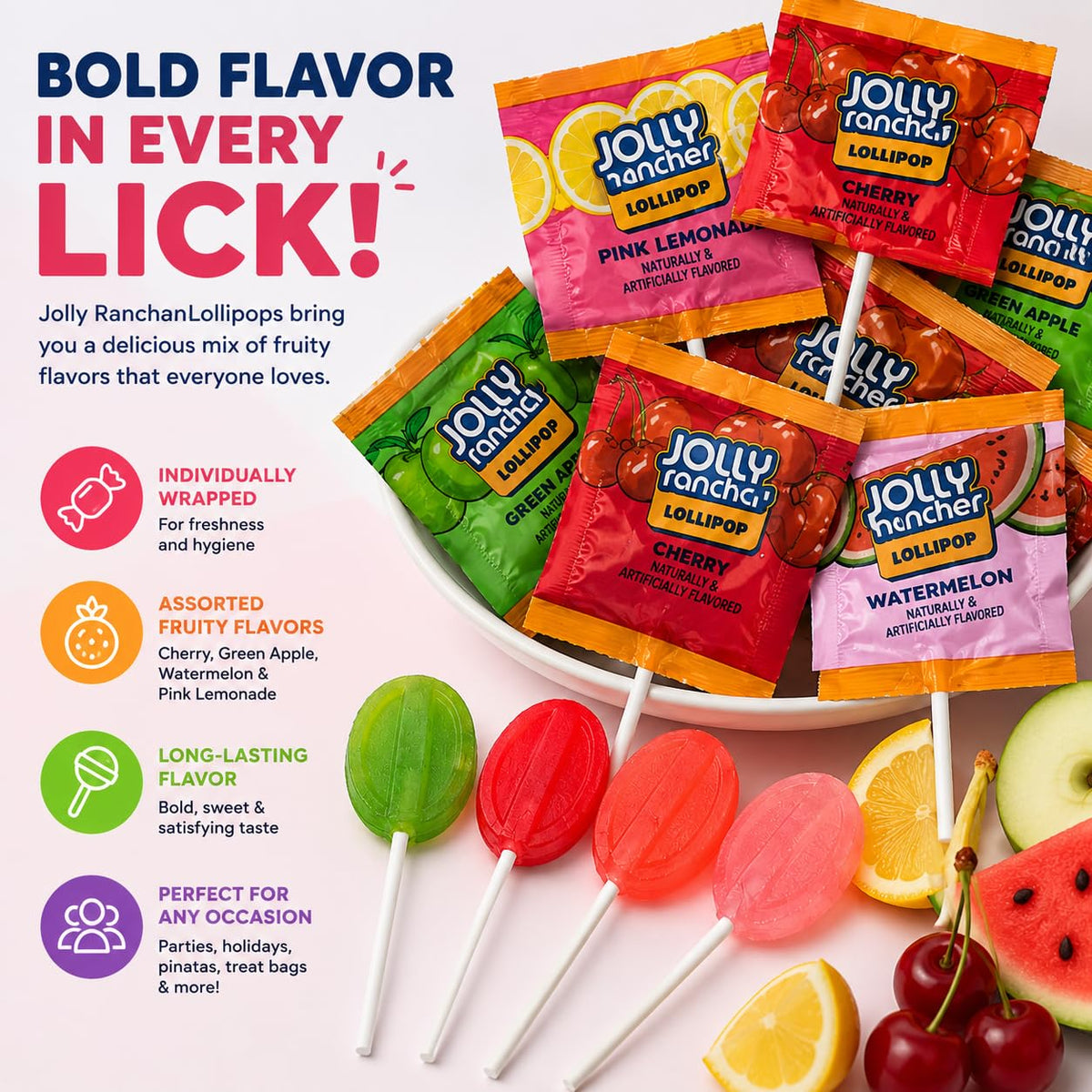 Jolly Ranchar Lollipops Assorted Flavors - Bulk Pack (65 Count) - Individually Wrapped Hard Candy Pops - Cherry, Green Apple, Watermelon & Pink