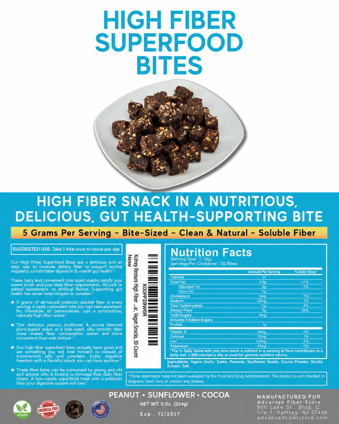High Fiber Superfood Bites Sample Pack, 5g Clean Fiber Snack for Adults, Peanut, Cocoa & Date Flavors, No Added Sugar, Vegan High Fiber Snack