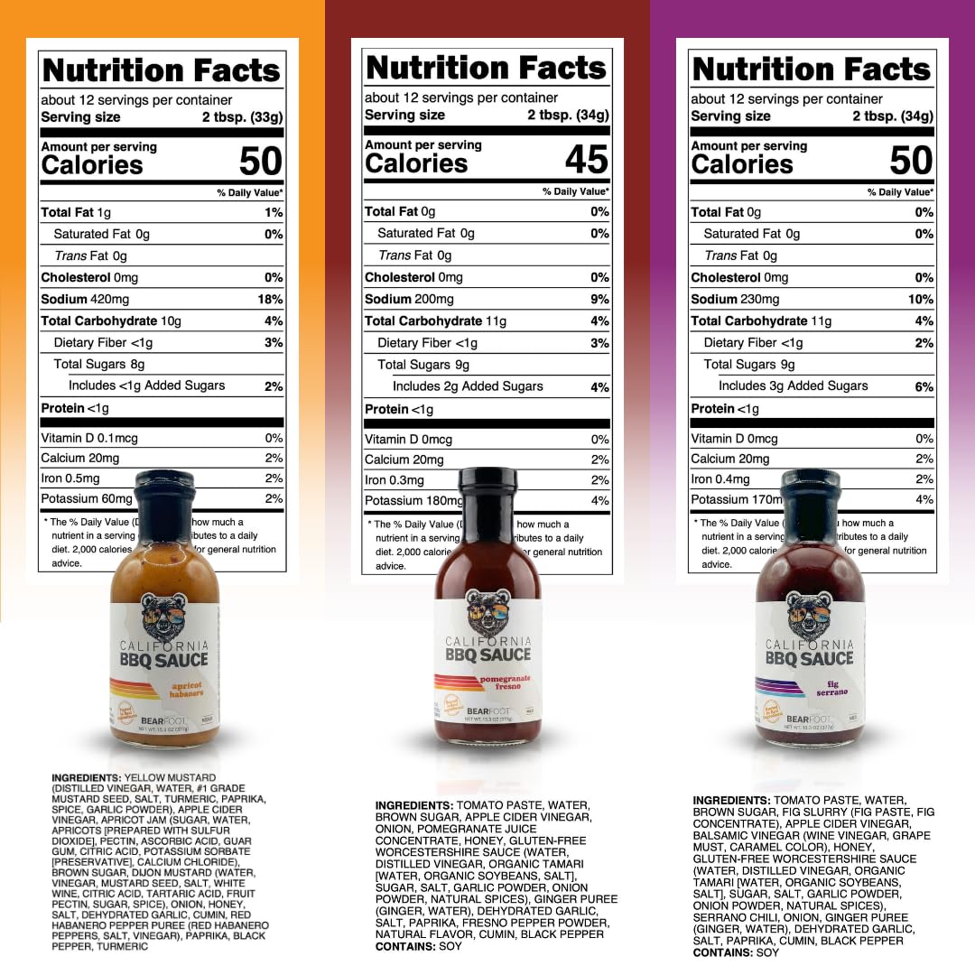 Bearfoot BBQ California BBQ Sauce Variety Pack (3-Pack) - Apricot Habanero, Fig Serrano & Pomegranate Fresno - 13.3 Oz per bottle, All Natural