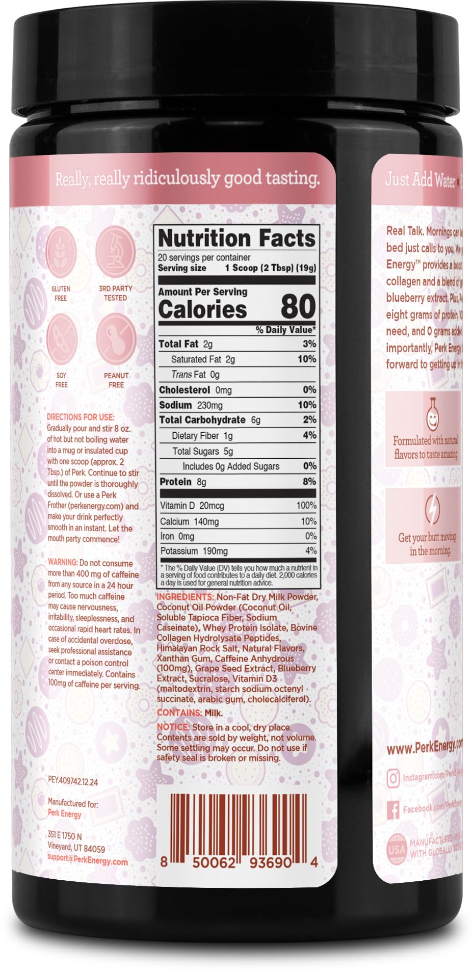 Perk Energy Drink Mix (Sugar Cookie) 20 Servings - Caffeinated Healthy Coffee Alternative with Protein, 100mg of Caffeine, Gluten-Free, Soy-Free