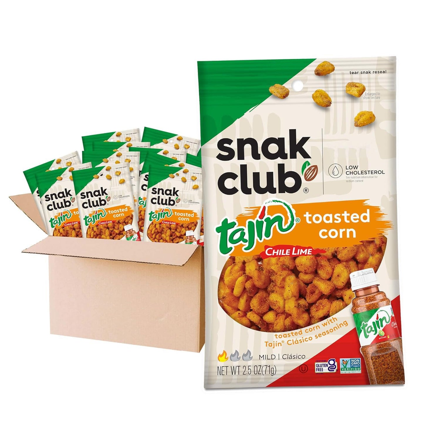 Snak Club Toasted Corn, Tajin Clásico Chili & Lime Flavor, Crunchy, Flavorful Low-Cholesterol Individual Snacks, 2.5oz (Pack of 12)