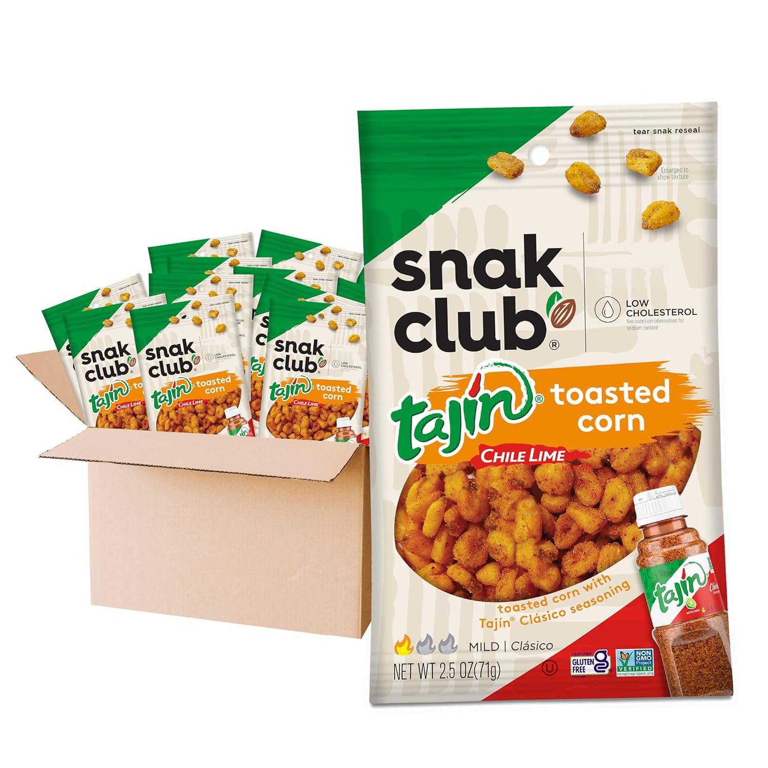 Snak Club Toasted Corn, Tajin Clásico Chili & Lime Flavor, Crunchy, Flavorful Low-Cholesterol Individual Snacks, 2.5oz (Pack of 12)