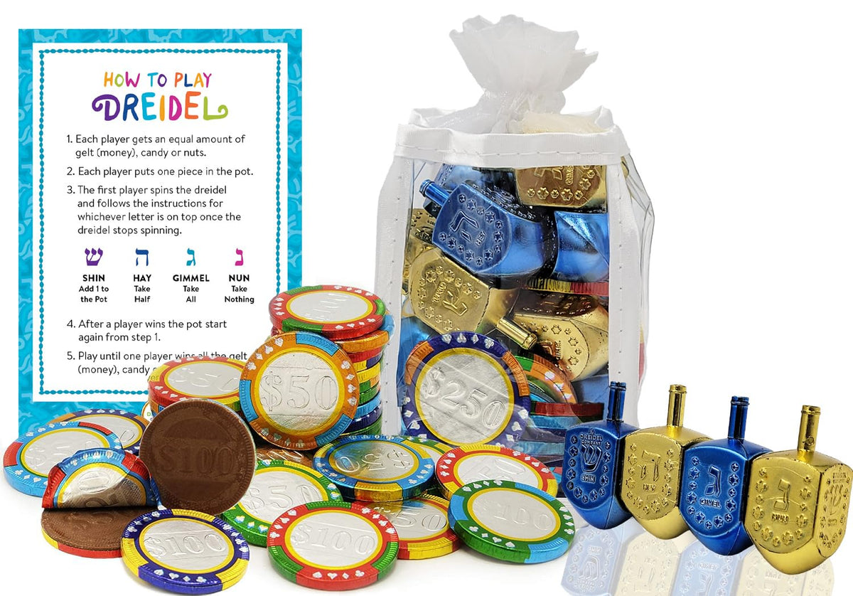 The Dreidel Company Hanukkah Gift-Set of 8 Dreidels and 25 Nut-Free Premium Belgian Chocolate Poker Gelt Coins, in Adorable Dreidel Shaped Keepsake