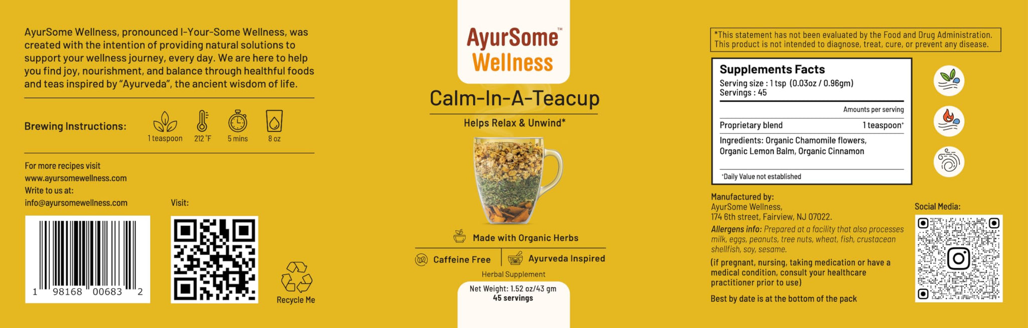 Calm In A Teacup Tea, Chamomile Lemon Balm loose leaf tea for sleep and relaxation, Organic Ingredients