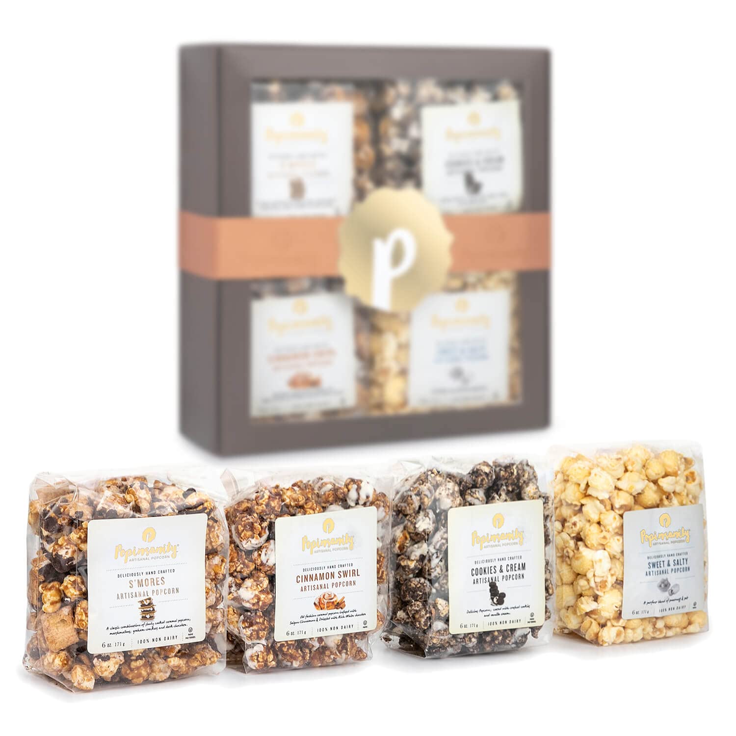 POPINSANITY Gourmet Popcorn Gift Set In A Deep Chocolate Brown Deluxe Box. Overflowing with 4 Bags x 6 Oz Most Popular Popped Popcorn Flavors. Kosher