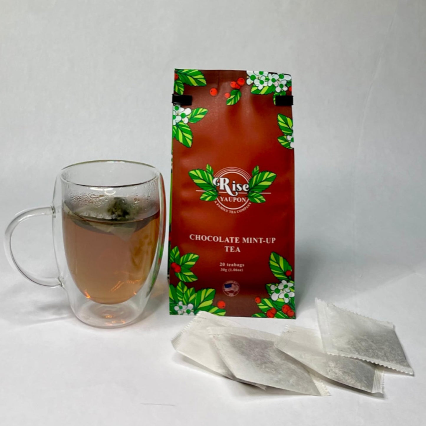 Rise Yaupon Chocolate Mint-Up Yaupon Holly Tea, 20 Teabags, 1.06oz, a blend of American-grown Yaupon Holly combined with Spearmint, Peppermint