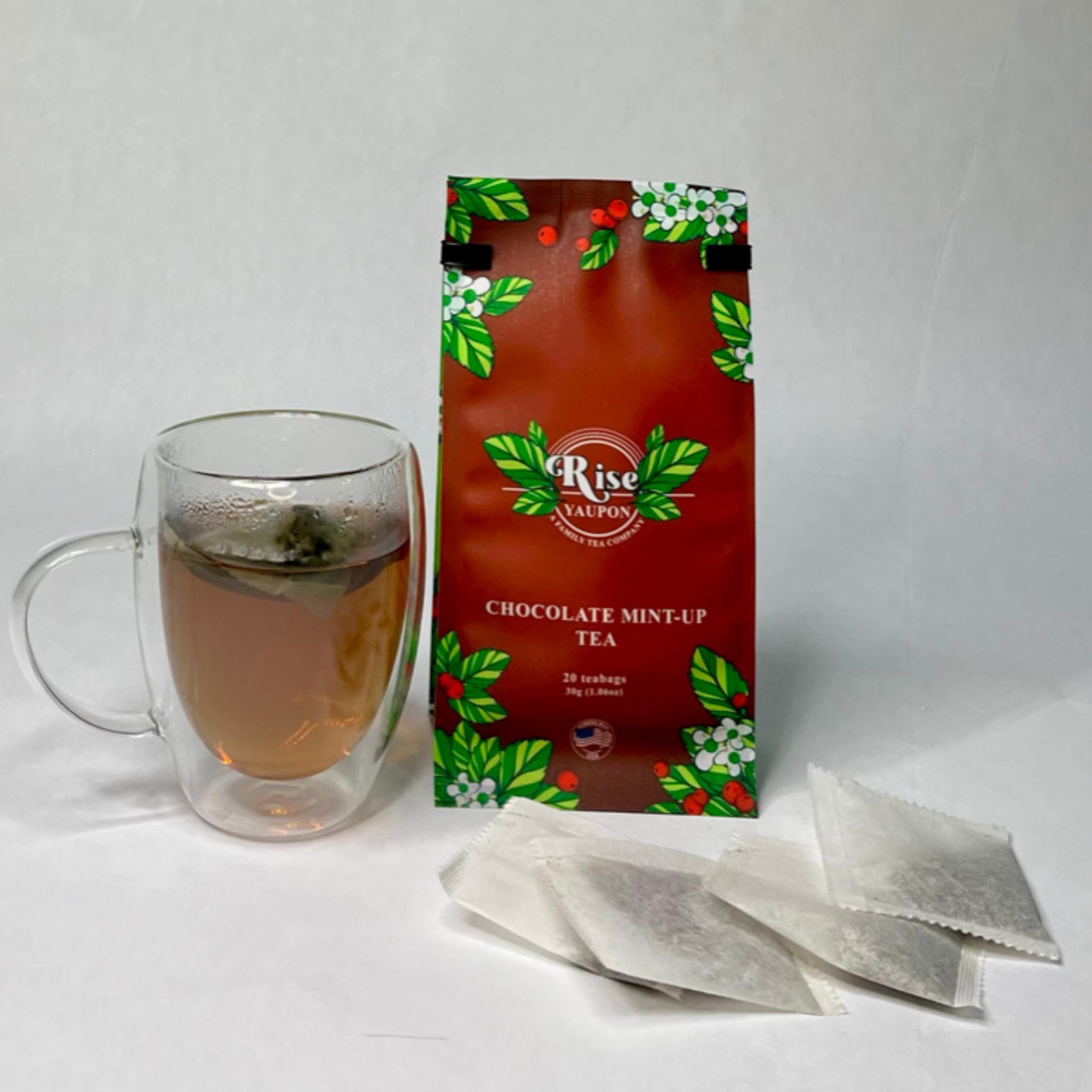 Rise Yaupon Chocolate Mint-Up Yaupon Holly Tea, 20 Teabags, 1.06oz, a blend of American-grown Yaupon Holly combined with Spearmint, Peppermint