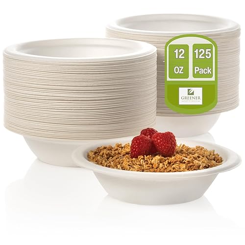 Greener Settings 12 oz Compostable Paper Bowls - Heavy Duty Sugarcane, Biodegradable, Microwave & Leak-Resistant, 125 Count