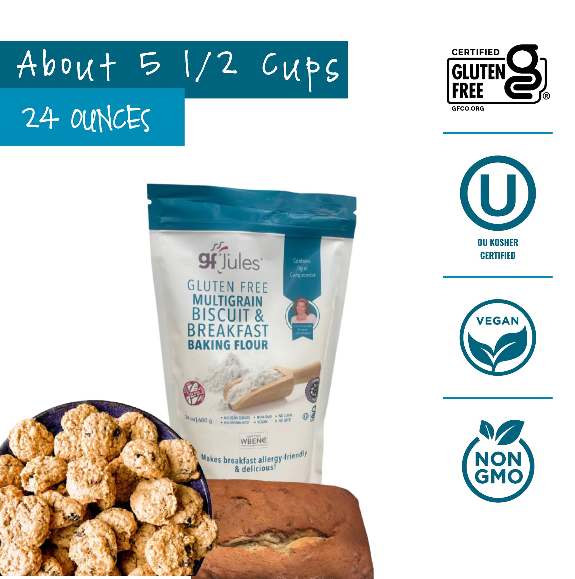 gfJules Certified Gluten Free Multigrain Biscuit & Breakfast Baking Flour | No Grit, Non-GMO, Vegan | Certified Top 9 Allergen-Free & Kosher | Corn-Free | 24 Ounces, Pack of 12