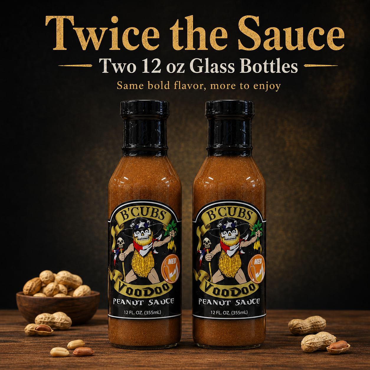 B'Cubs® Voodoo Peanut Sauce MEDIUM Bold, Nutty, Sweet with a Spicy Kick, Versatile Dip, Drizzle, Marinade & Stir Fry 2 Pack (2 x 12oz Glass Bottles)