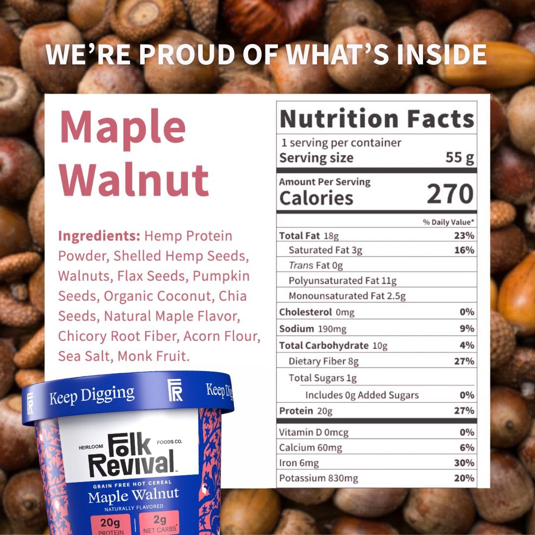Folk Revival Maple Walnut Keto Instant 'Oatmeal' - 20g Protein, 2g Net Carbs, High Fiber, Non GMO, Gluten Free, Made with Acorns - 6 Cups Per Case