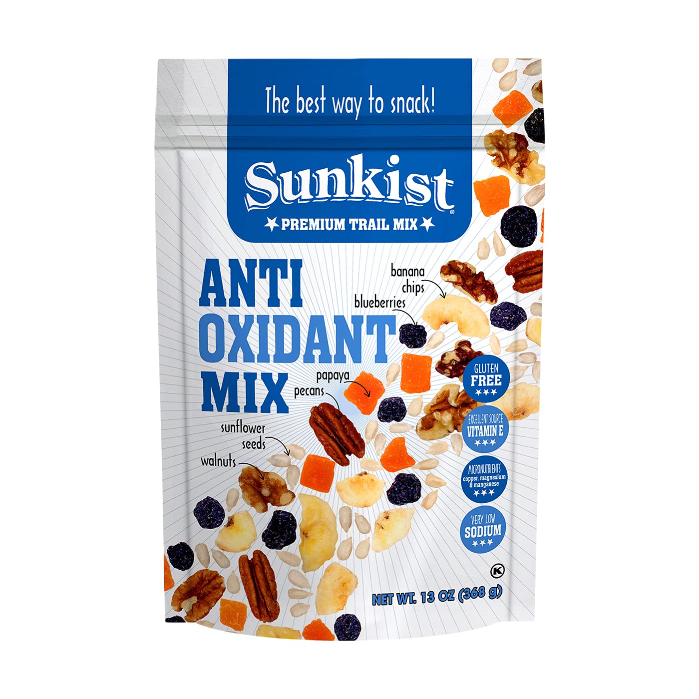 Sunkist® Antioxidant Trail Mix - Fruit, Nut and Seeds, Low Sodium, Gluten Free Snack with Papaya, Banana Chips, Pecans, Walnuts, Blueberries