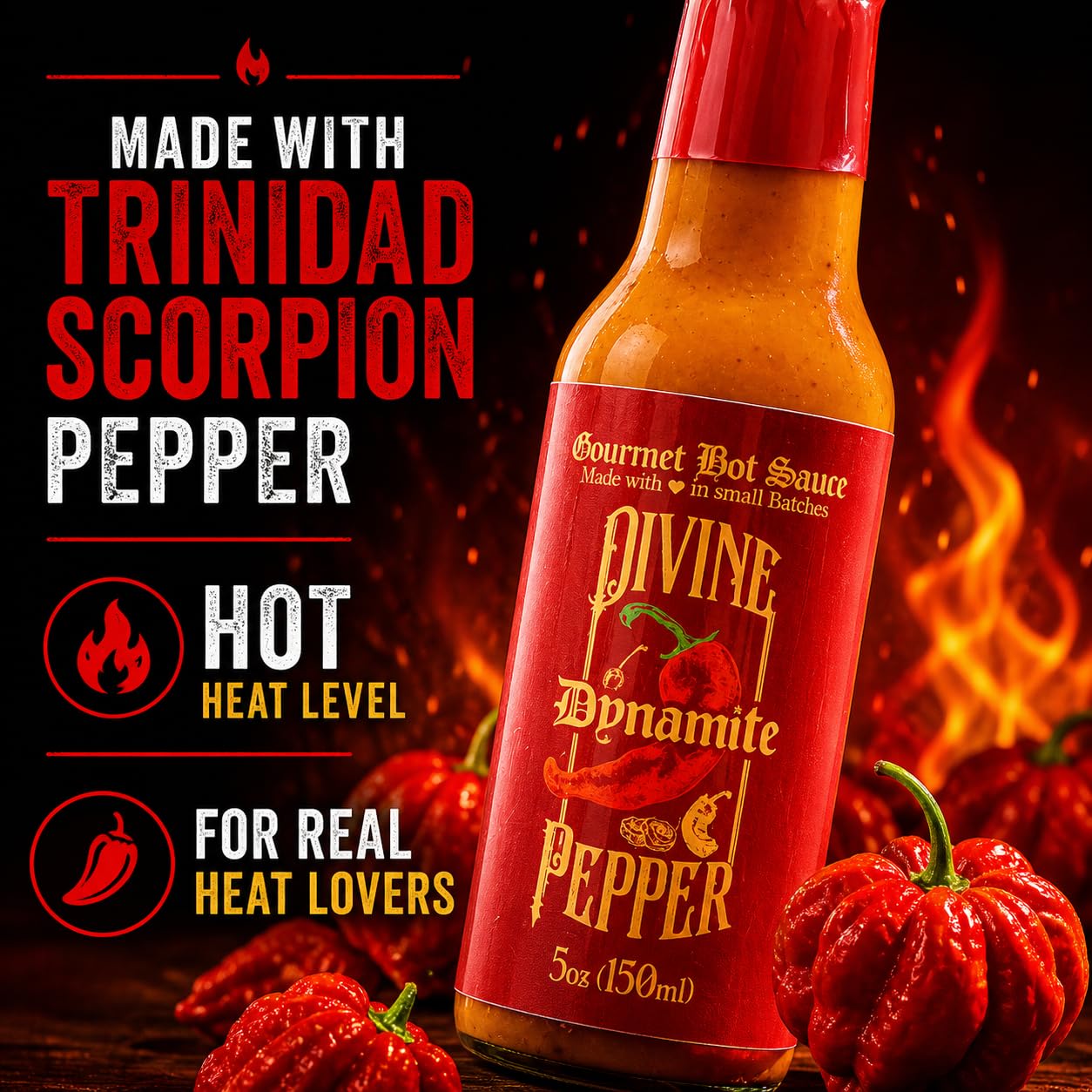 Divine Pepper Dynamite Hot Sauce - Trinidad Scorpion Pepper - Hot Heat - Small Batch Gourmet Sauce - Perfect for Wings, Meats, Tacos & Spicy Recipes
