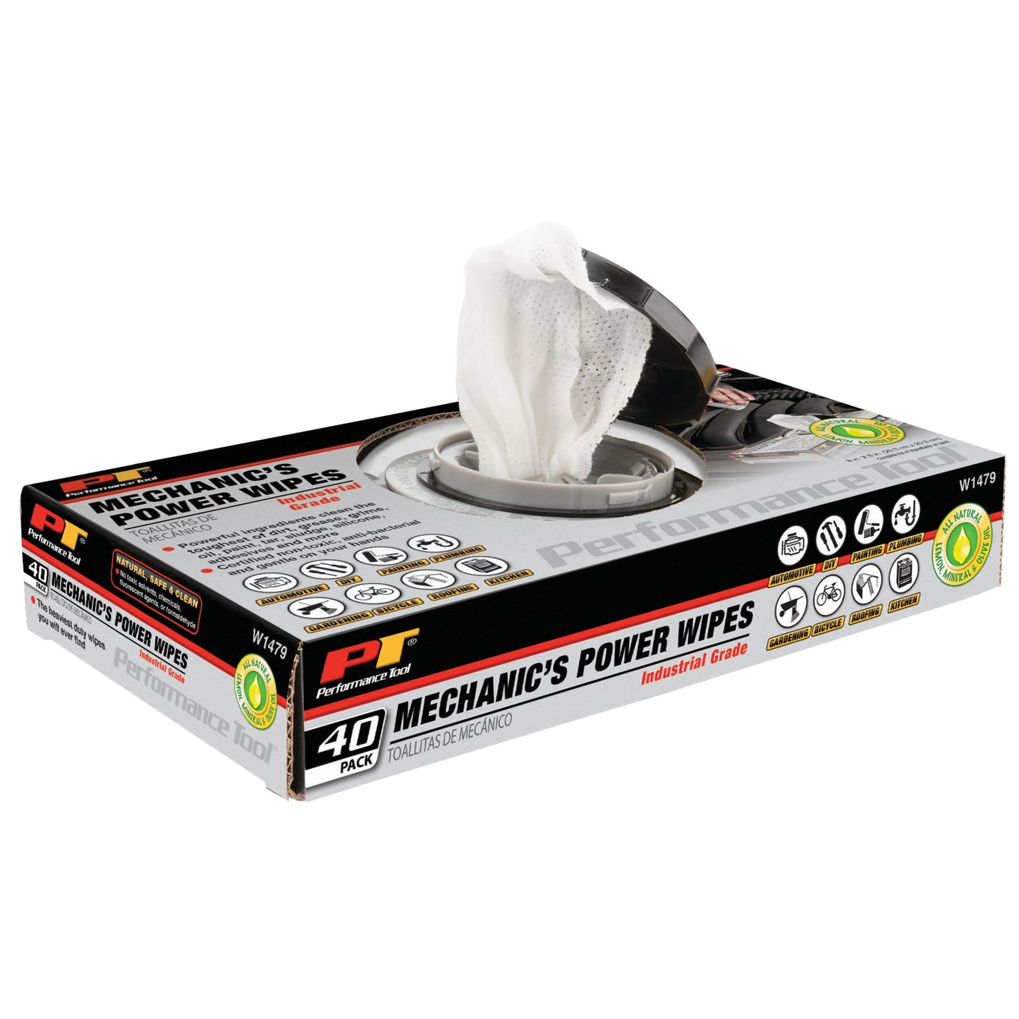 Performance Tool W1479 40Pk Industrial Mechanic Wipes - Heavy Duty Cleaning Wipes for Grease, Oil, and Grime, Ideal for Automotive and Industrial Use