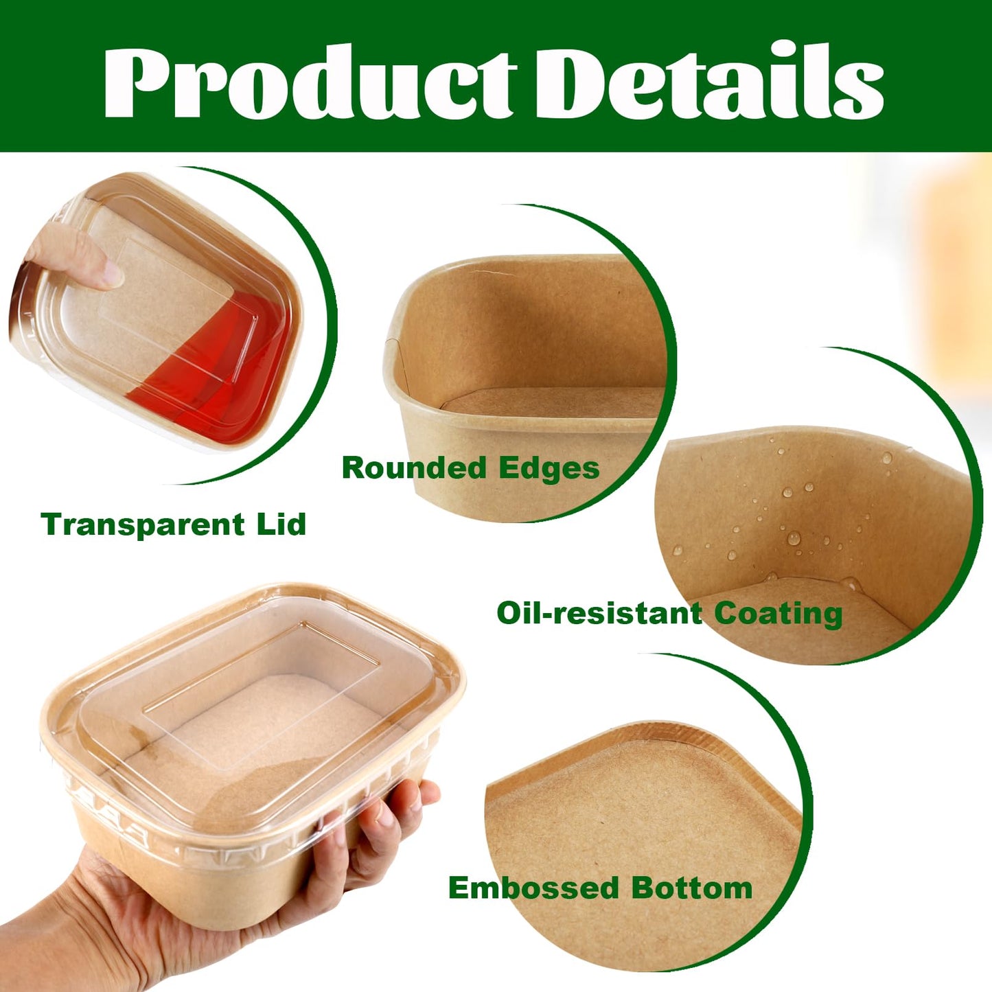 RAIHOMKIT 50Pack Paper Food Containers with Lids, 25oz Disposable Kraft Paper Bowls, Rectangular Cardboard Meal Prep Containers, Take Out Cardboard
