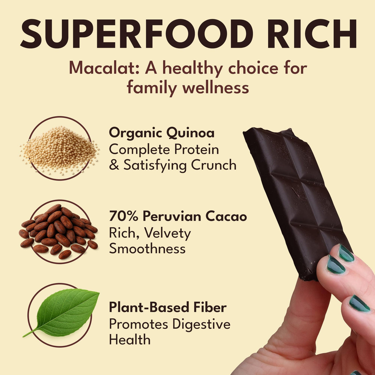 Macalat Organic Dark Chocolate Bar, Quinoa Crunch, Sugar Free Chocolate