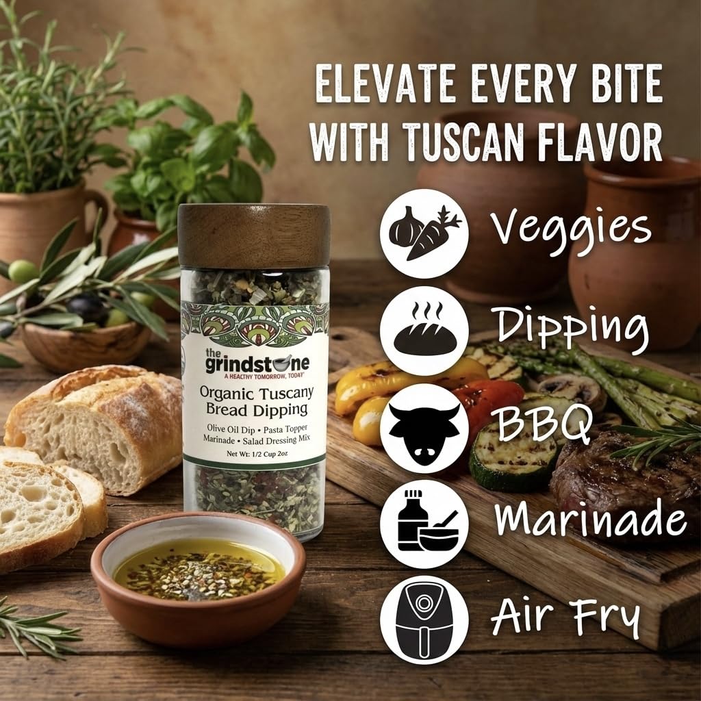 The Grindstone, Organic Tuscany bread dipping mix, perfect seasoning spice with extra virgin olive oil, bread, pasta topper, 2 oz. glass bottle