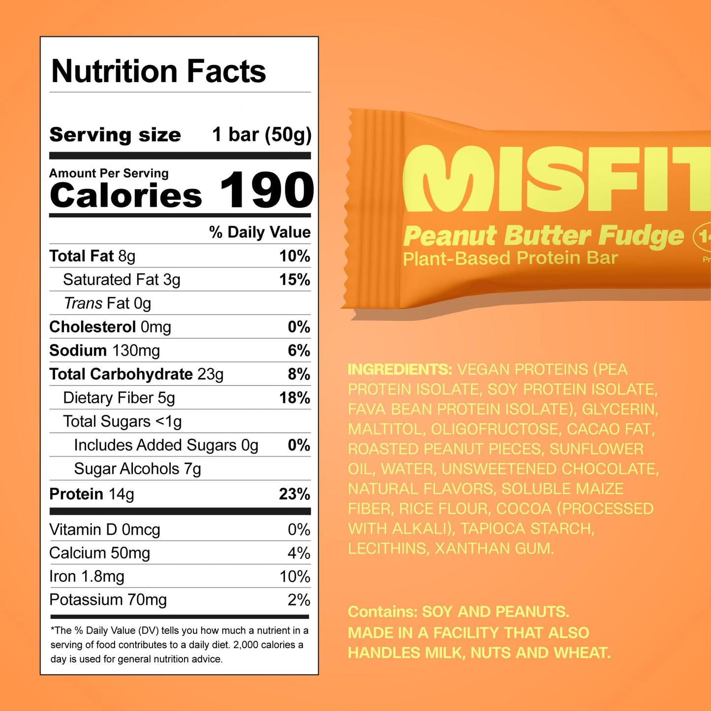 Misfits High Protein Bar, Peanut Butter Fudge, Non GMO, Plant Based Vegan Protein Bar, Low Sugar, High Fiber Snack