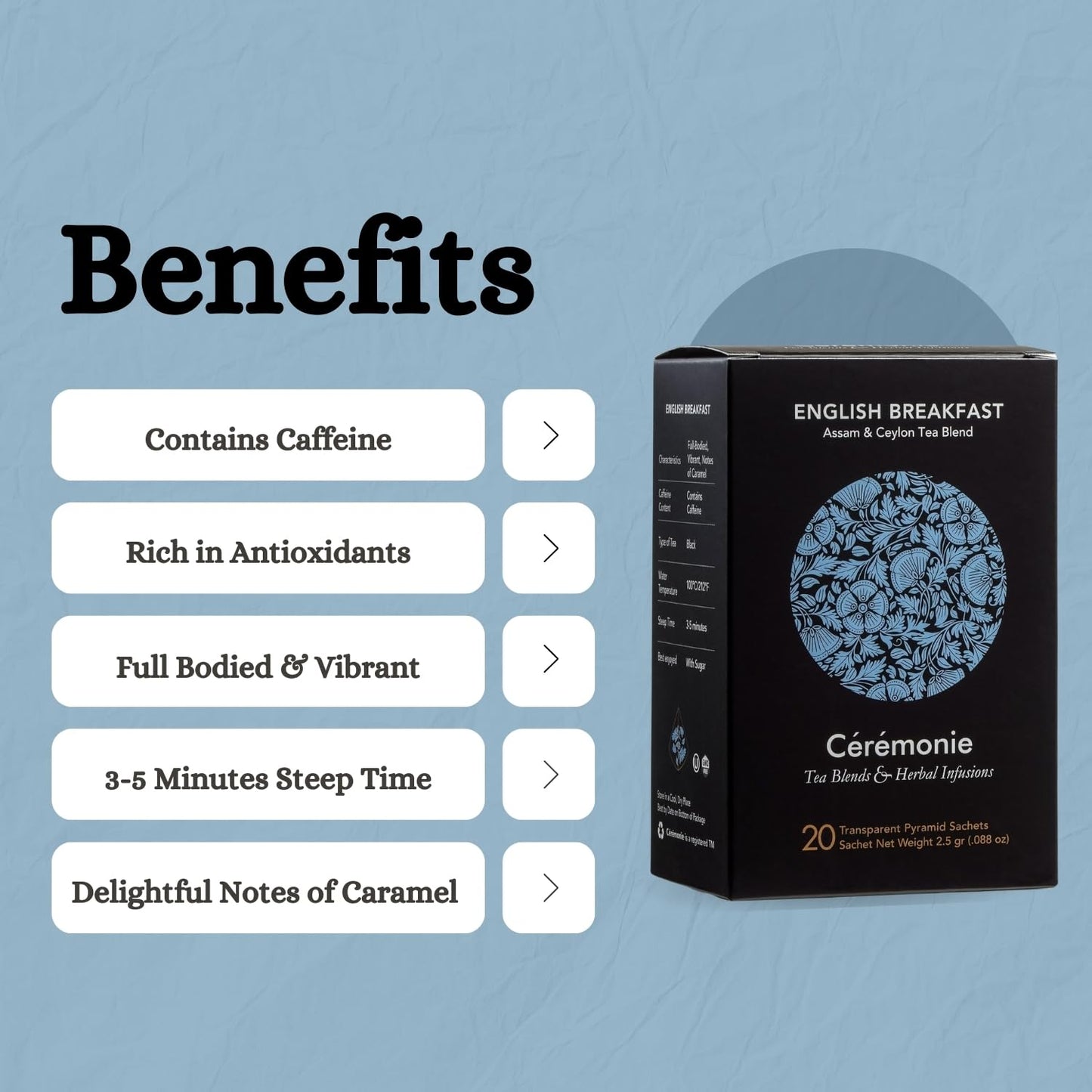 Ceremonie Tea Blends & Herbal Infusions - English Breakfast Assam & Ceylon Tea Blend - Full-Bodied Black Tea with Caramel Notes - 20 Transparent