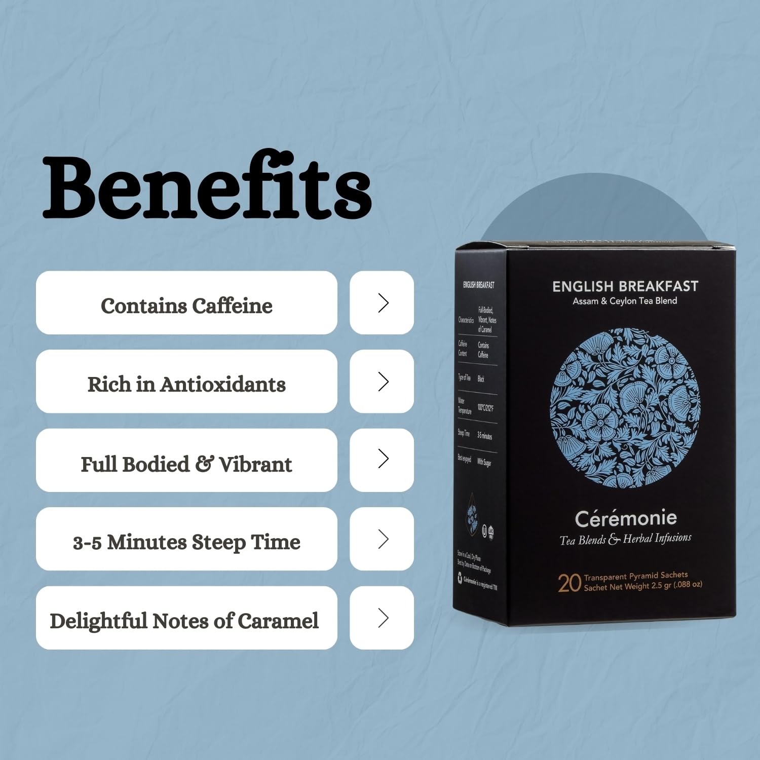 Ceremonie Tea Blends & Herbal Infusions - English Breakfast Assam & Ceylon Tea Blend - Full-Bodied Black Tea with Caramel Notes - 20 Transparent