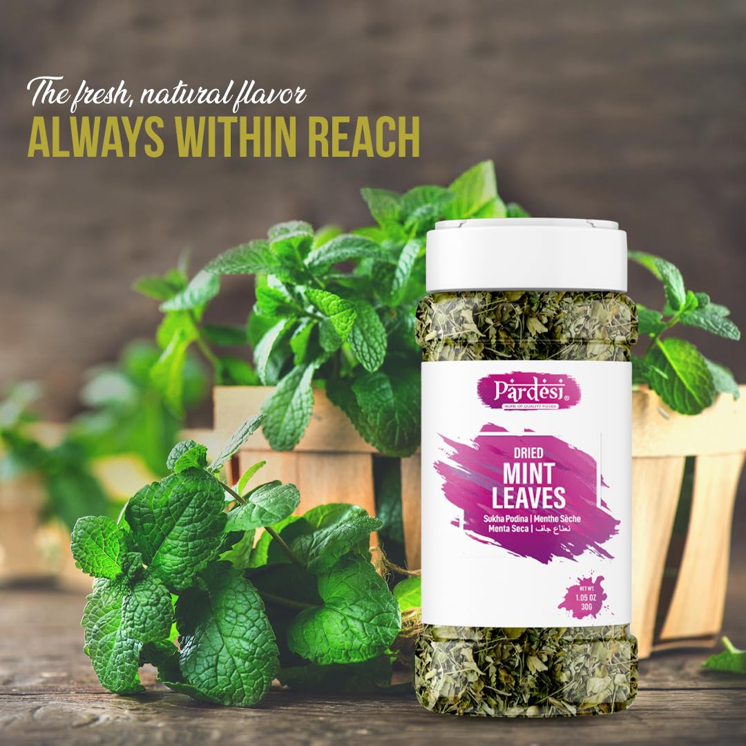 Pardesi Dried Mint Leaves (Pudina) 30g - Crushed Peppermint for Chutney, Raita, Tea & Seasoning | Halal, Non-GMO, Vegan | Dual-Cap Jar