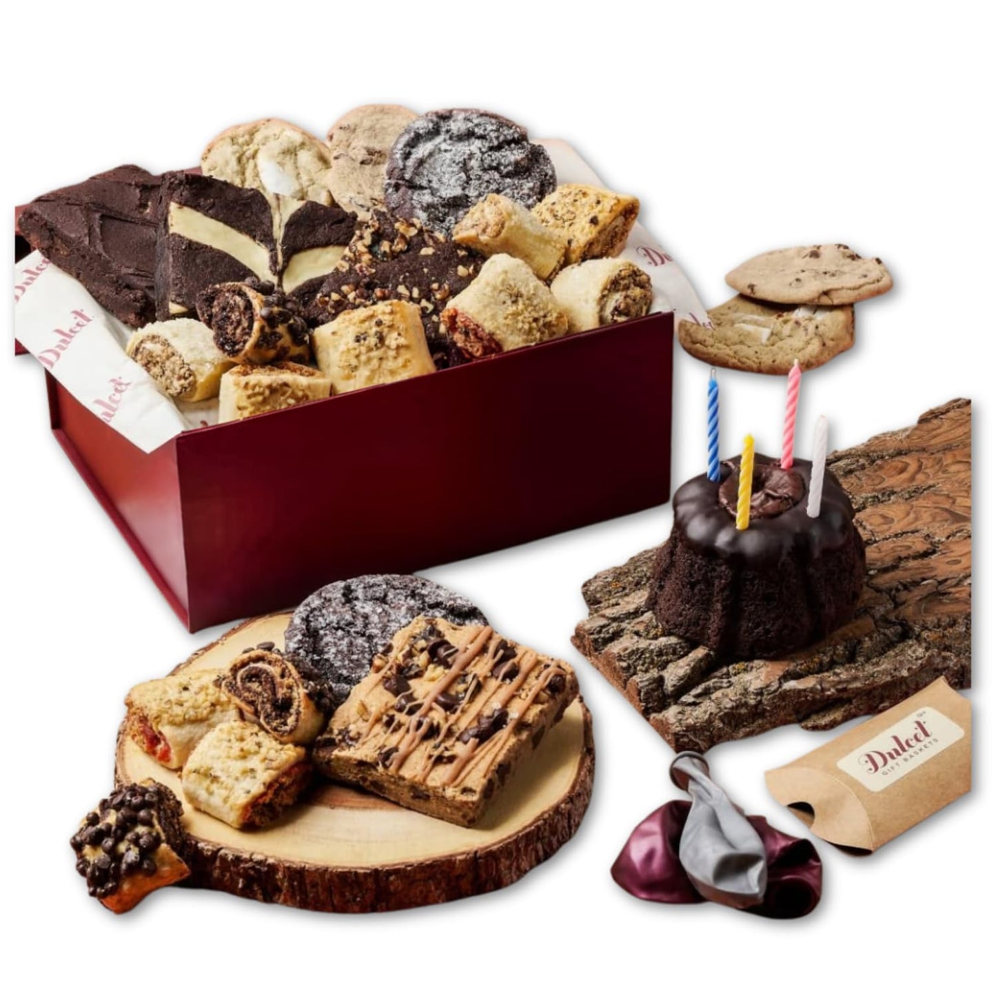 Dulcet Happy Birthday Gift Basket-Chocolae Bundt, Walnut Brownies,Chocolate Chip Fudge,Chocolate Chip Cookies,Assorted Rugelach. Birthday Candles!